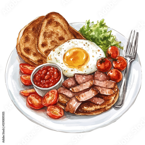 A watercolor painting of Full English Breakfast, isolated on a white background. Full English Breakfast vector

