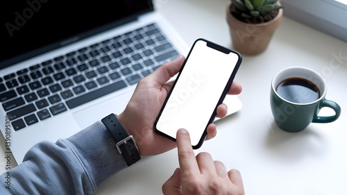 Mockup of Hand Holding Smartphone with Blank Screen at Desk with Laptop and coffee