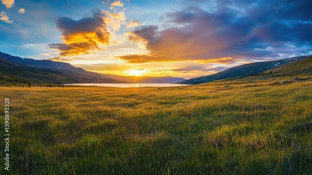 Fototapeta premium A breathtaking sunset over a serene lake surrounded by rolling hills. with golden fields in the foreground and dramatic clouds enhancing the tranquil atmosphere