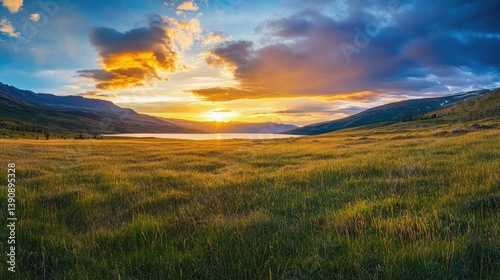 Fototapeta Naklejka Na Ścianę i Meble -  A breathtaking sunset over a serene lake surrounded by rolling hills. with golden fields in the foreground and dramatic clouds enhancing the tranquil atmosphere