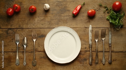 Rustic table setting with fresh vegetables and silverware