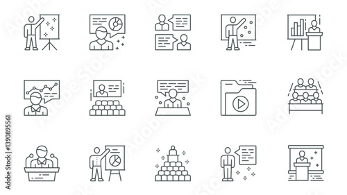 Business conference icons set in outline stroke design for web. Pack line pictograms with speaker, businessman, presentation, discussion, team meeting, audience, training, other. Vector illustration.
