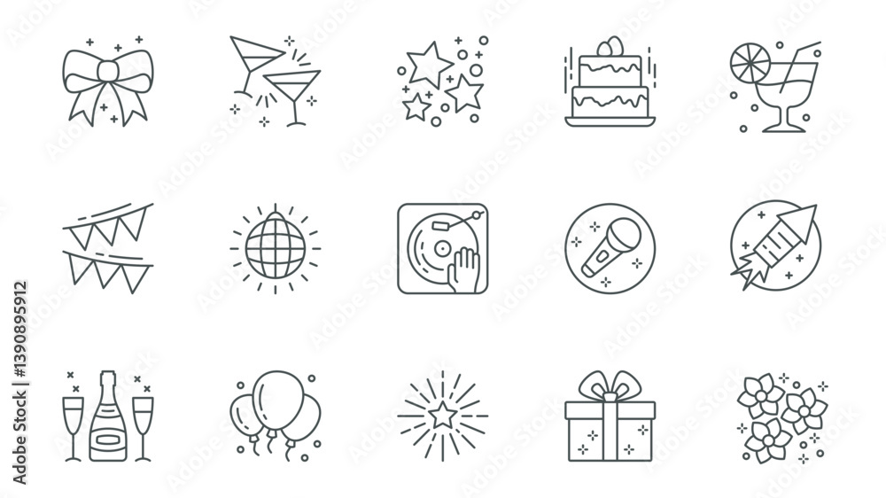 Party icons set in outline stroke design for web. Pack line pictograms with gift bow, champagne, stars, birthday cake, cocktail, garland, disco ball, dj music, karaoke, other. Vector illustration. Party icons set in outline stroke design for web. Pack line pictograms with gift bow, champagne, stars, birthday cake, cocktail, garland, disco ball, dj music, karaoke, other. Vector illustration.