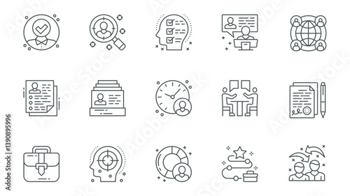 Recruitment icons set in outline stroke design for web. Pack line pictograms with candidate approve, hiring, searching resume, checklist, video interview, global company, other. Vector illustration.