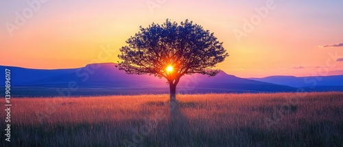 Solitary tree at sunset over a field