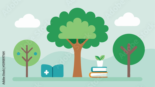 Healing Trees Two trees one and one lush representing the transformation from emotional struggle to growth and healing with therapy tools like a journal and a talking bubble