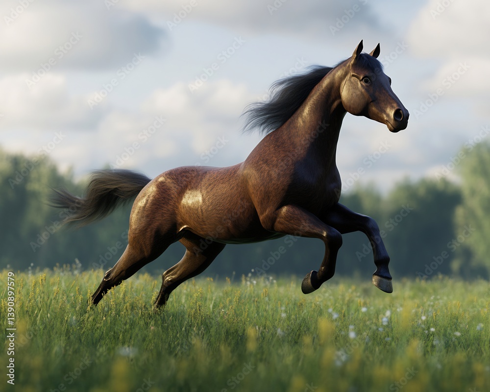 Fototapeta premium Photorealistic image of a horse galloping across a field cinematic grading high detail 8k resolution proportionate anatomy