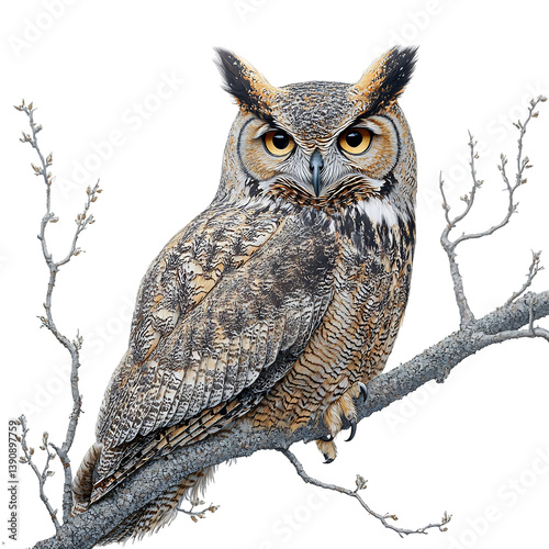 A Beautiful Great Horned Owl Perched on a Tree Branch Isolated on Transparent Background
