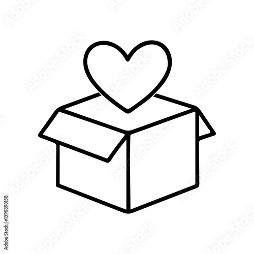 Open cardboard box with heart symbol above, representing donation or care package, isolated. Donation box isolated.