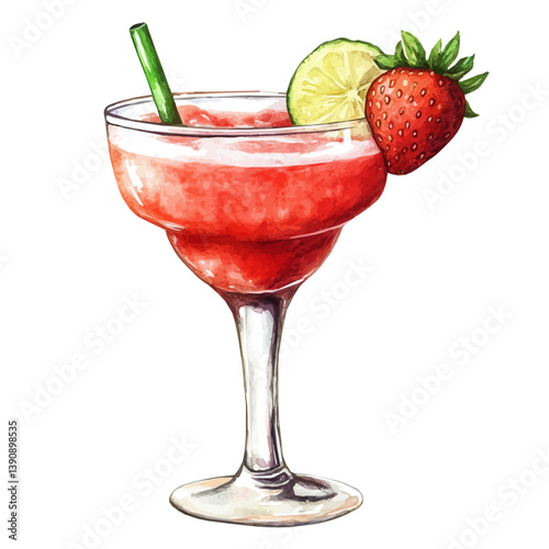 A watercolor painting of Frozen Strawberry Daiquiri, isolated on a white background. Frozen Strawberry Daiquiri vector


