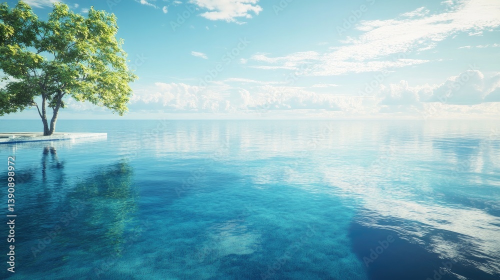 Fototapeta premium Tranquil Waterfront Scene with Clear Blue Waters and Lush Green Tree under Bright Sky