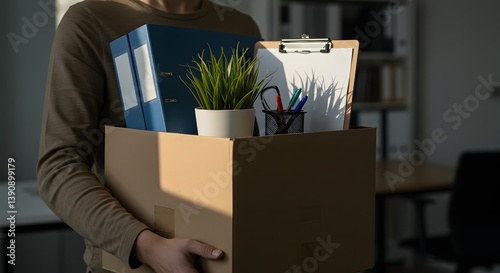 Man Carrying Cardboard Box with Office Items After Job Termination