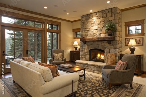 Cozy Living Room Featuring a Stone Fireplace and Natural Light Generative AI