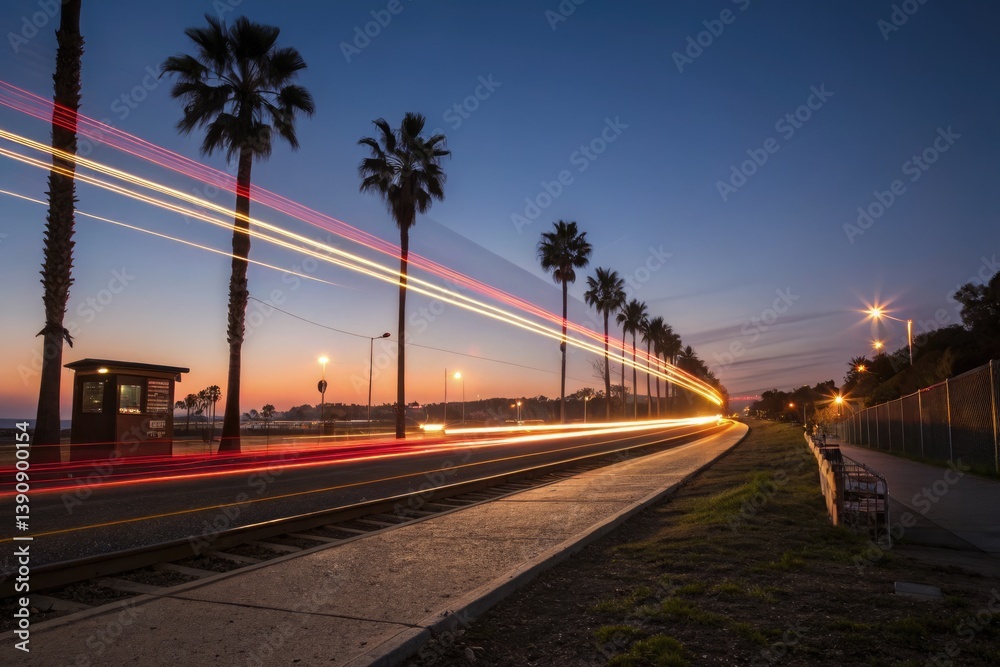 Sunset Along the Coastal Road With Palm Trees and Vehicle Lights Generative AI Sunset Along the Coastal Road With Palm Trees and Vehicle Lights Generative AI