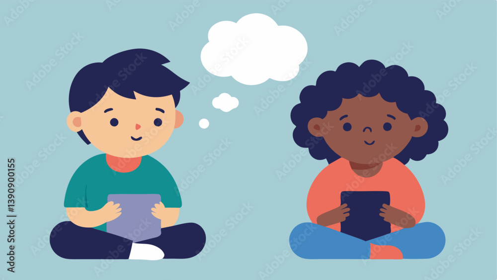 Emotional Disconnect Two children on a playdate sharing the same room but each focused on their own devices with a thought bubble showing their desire to play but feeling Emotional Disconnect Two children on a playdate sharing the same room but each focused on their own devices with a thought bubble showing their desire to play but feeling