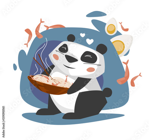 Vector happy panda holding big noodles bowl with shrimps, chopsticks. Cute animal with asian dish illustration. Funny graphic food concept. Cartoon flat art for chinese delivery restaurant advertising