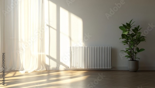 Sunny, minimalist interior with natural light, elegant and modern design.  Empty room with warm tones, featuring a window with sheer curtains, a white radiator, and a houseplant photo