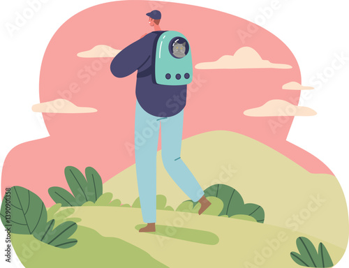 Man with cat enjoying trekking