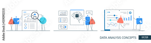 AI analysis illustrations set in thin line style. Data strategy abstract linear vector design concepts. Artificial intelligence technology process flat icons. Tiny geometric people team.