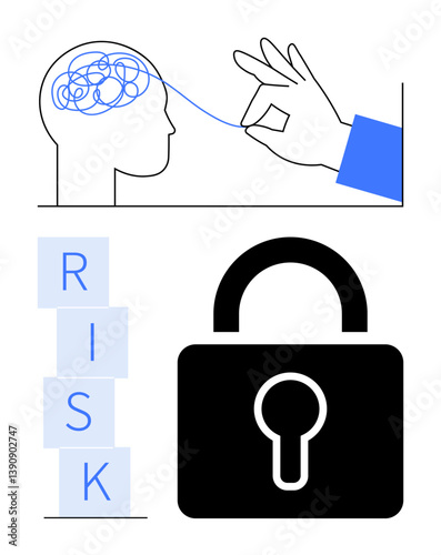 Head with tangled brain unraveled by hand, blocked RISK blocks, padlock highlighting security. Ideal for problem-solving, mental clarity, risk management, safety, decision-making, innovation
