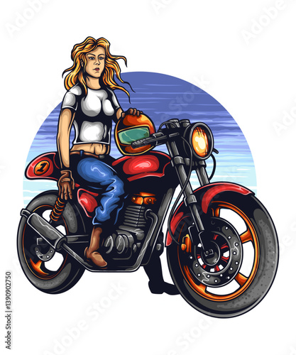 Woman Motorbike: A stylish woman, helmet in hand, poses confidently on a classic red motorcycle, blending retro aesthetics with contemporary flair.