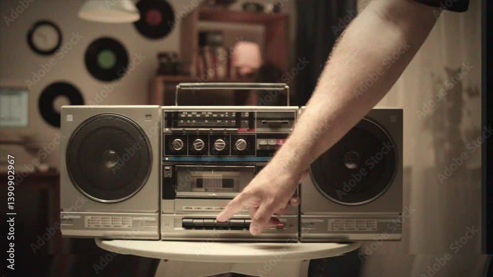 Retro music radio tape recorder, audio cassette playing close-up VHS. Listening to music, recording studio old radio boombox player, searching channel, volume. 
