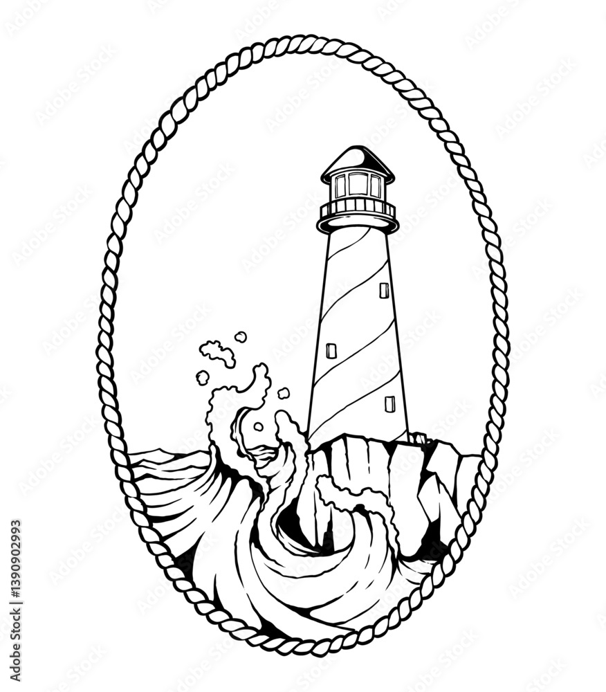Φωτογραφία Guiding Light: A serene lighthouse stands tall, encircled by a nautical rope frame, its beacon illuminating the vast ocean and the foamy crest of waves