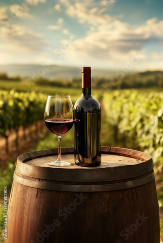 Winery, bottle of wine - responsive series vertical- A glass of red wine and bottle sit atop a barrel, a vineyard landscape in the background. Web design graphics.