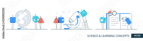 Scientific research illustrations set in thin line style. School laboratory abstract linear vector design concepts. Microscope chemistry flat icons. Tiny geometric people team.