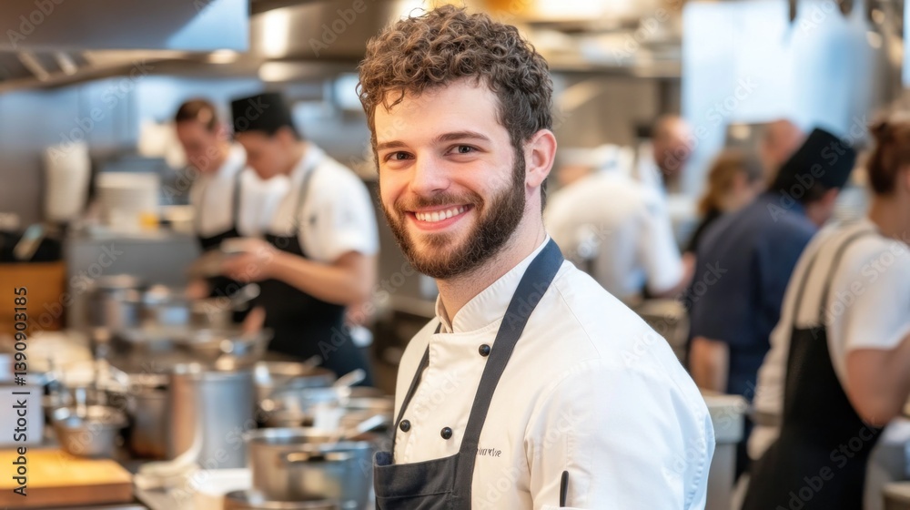 Smiling young chef in busy restaurant kitchen. Smiling young chef in busy restaurant kitchen.