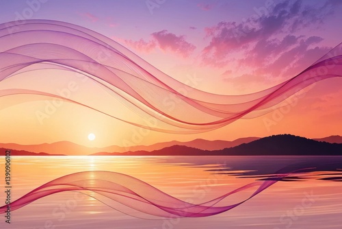 Beautiful Sunset With Waves Over a Tranquil Lake Landscape Generative AI