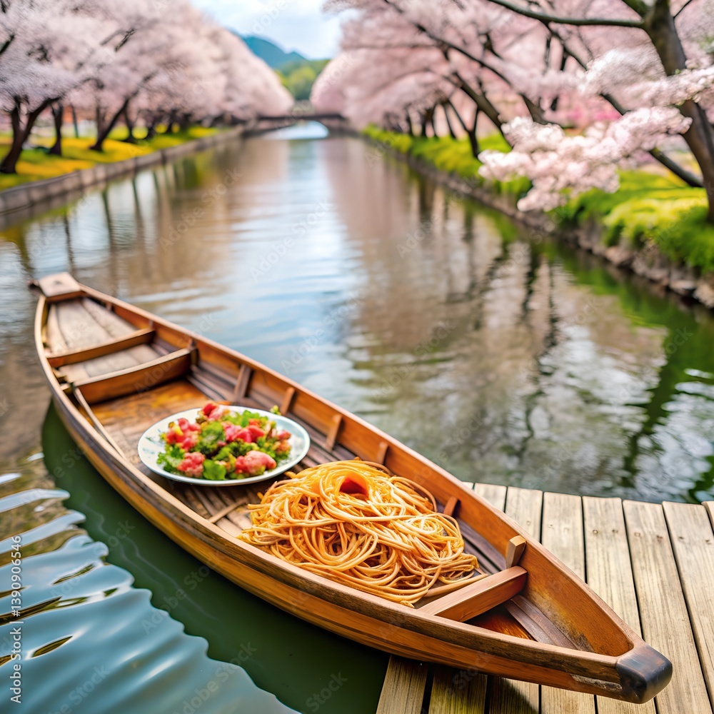 Obraz premium Pasta Plate on Wooden Boat Surrounded by Blossoms