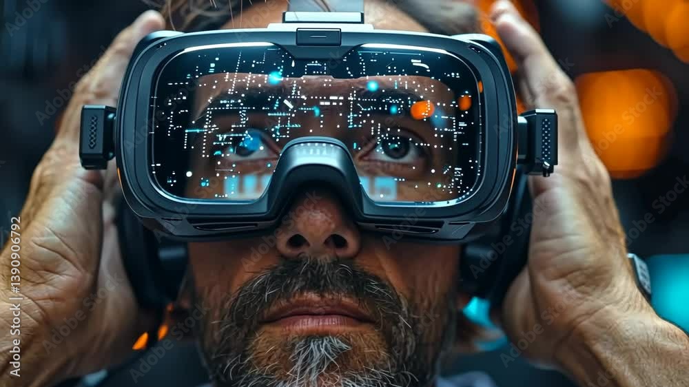 Man using VR headset, virtual cybersecurity training simulation, immersive learning experience