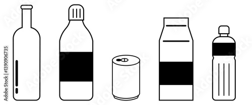 飲料容器のアイコンセット、ボトル、缶、紙パックなどの詰め合わせイラスト