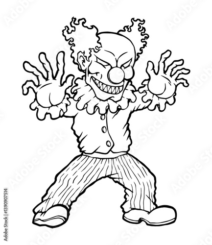 Creepy Clown Sketch: A hand-drawn illustration of a spooky clown, featuring a menacing grin and outstretched hands, evokes a sense of Halloween thrills and unsettling fun.