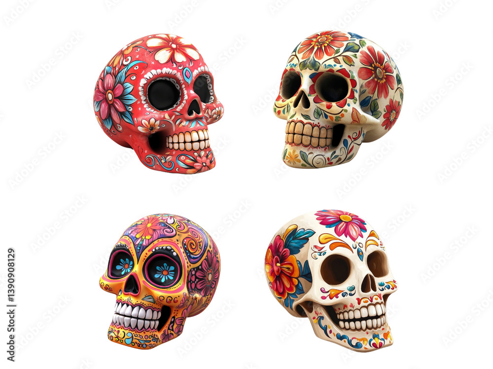 Cute Mexican Painted Skull on Transparent Background, Generative AI. Cute Mexican Painted Skull on Transparent Background, Generative AI.