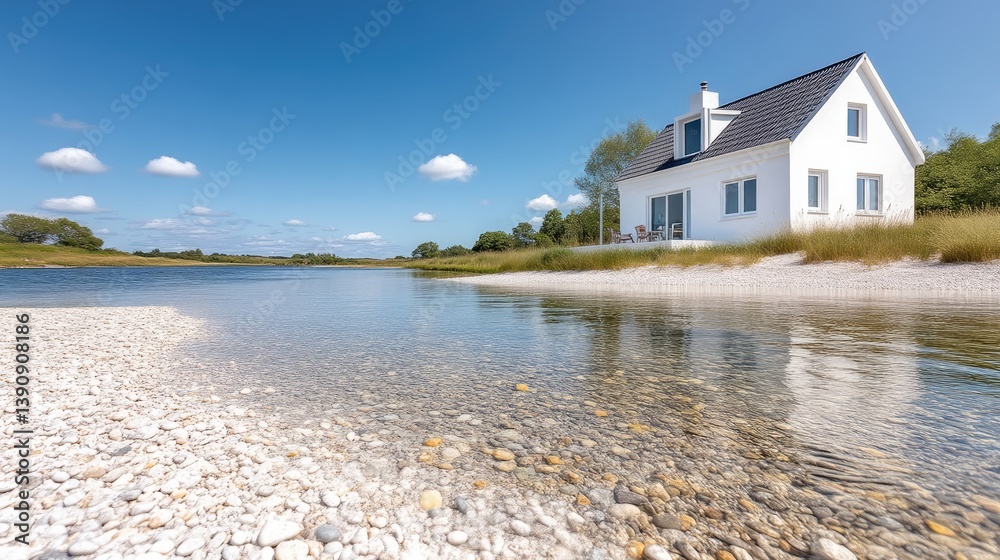 Obraz premium A serene white cottage by the tranquil shoreline with clear shallow water, lush green surroundings, bright sunny day, and peaceful summer retreat concept.