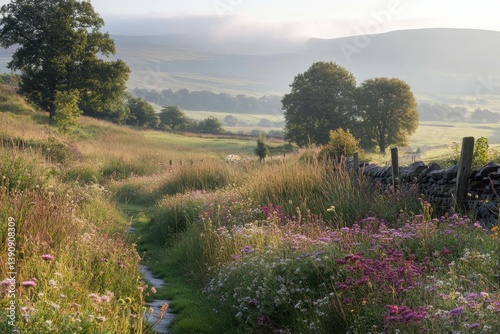 Serene low hillscape with vibrant mixed flowers and grasses under gentle morning light