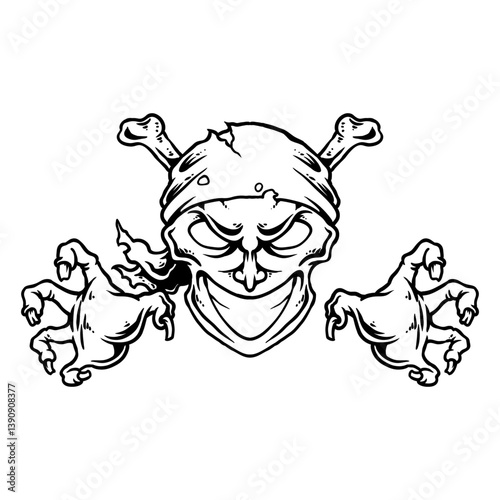 Sinister Pirate Skull Emblem: A menacing pirate skull emblem with crossbones and stylized hands reaches out ominously, invoking a sense of danger and adventure.