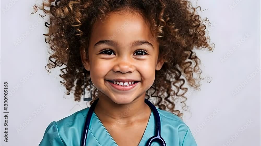 Little girl wearing blue medical uniform with stethoscope, smiling and looking at camera, on white background, healthcare, medical services, pediatric care 4K.