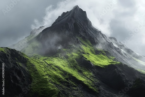 Striking image of a dark volcanic peak in iceland surrounded by lush green moss and dramatic clouds