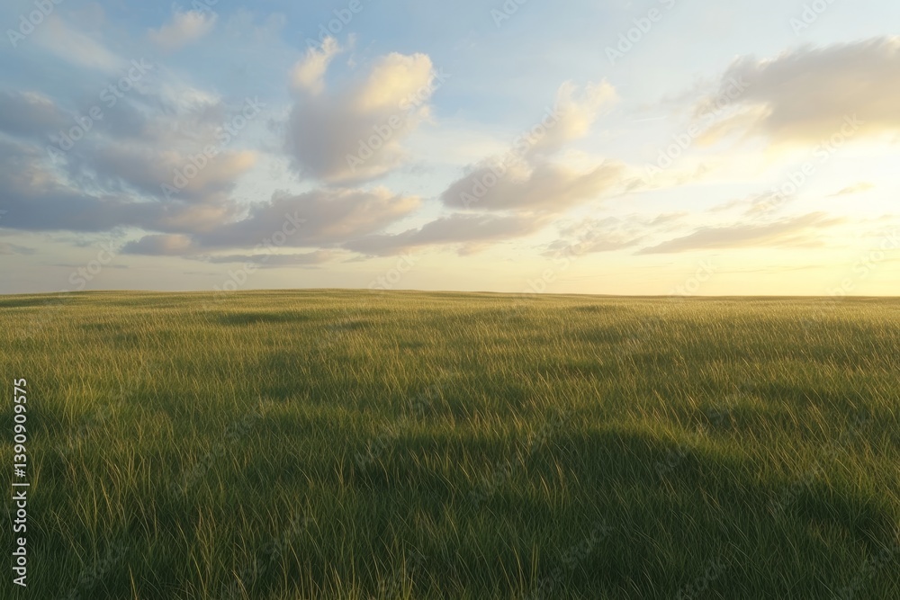 Expansive grassland under a golden evening sky with gentle wind patterns across the terrain Expansive grassland under a golden evening sky with gentle wind patterns across the terrain