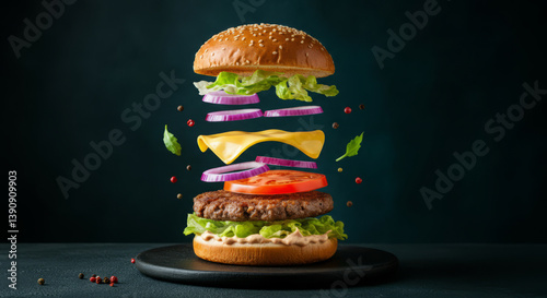 Floating burger ingredients with beef patty, vegetables, cheese, and sesame bun