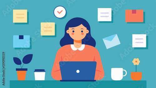 Background Support A cozy home office scene demonstrating a virtual assistant surrounded by sticky notes and inspirational quotes representing background support for meals and