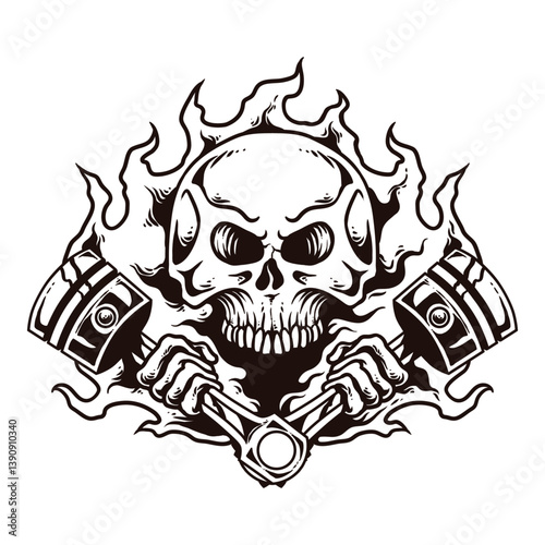 Burning Skull: A monochrome artistic depiction of a skull surrounded by flames, clutching pistons, evoking a sense of adrenaline and high-speed intensity. 