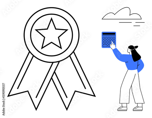 Woman calculates near large star award ribbon symbolizing excellence. Ideal for success, evaluation, recognition, achievement, competition, goals, productivity. Flat simple metaphor