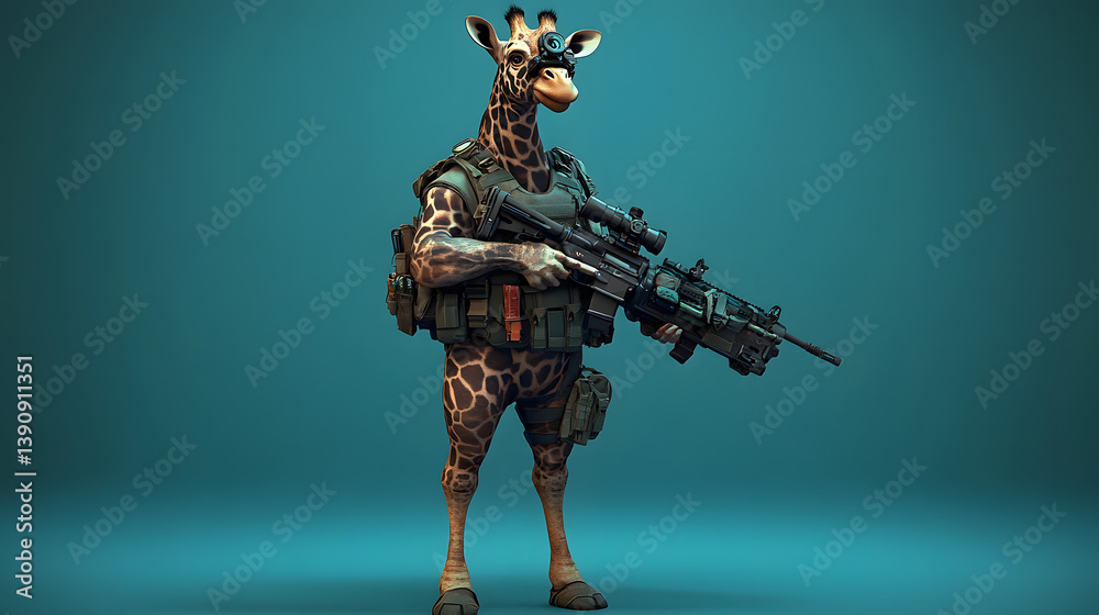 Special Forces Giraffe Holding Rifle on Pastel Background Special Forces Giraffe Holding Rifle on Pastel Background