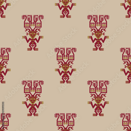 Seamless ethnic pattern with ancient Peruvian indigenous design. Fantastic human figurines with antlers or headgears from Chimu textile.