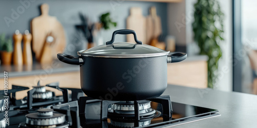 Closed steel pot with lid. A pot on a gas stove in the kitchen interior