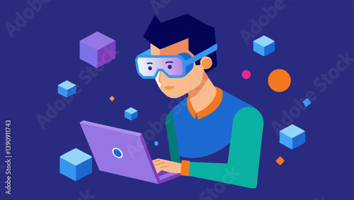 3D Modeling A developer wearing smart glasses is focused on their screen creating a 3D model of a virtual character with floating geometric shapes around them.
